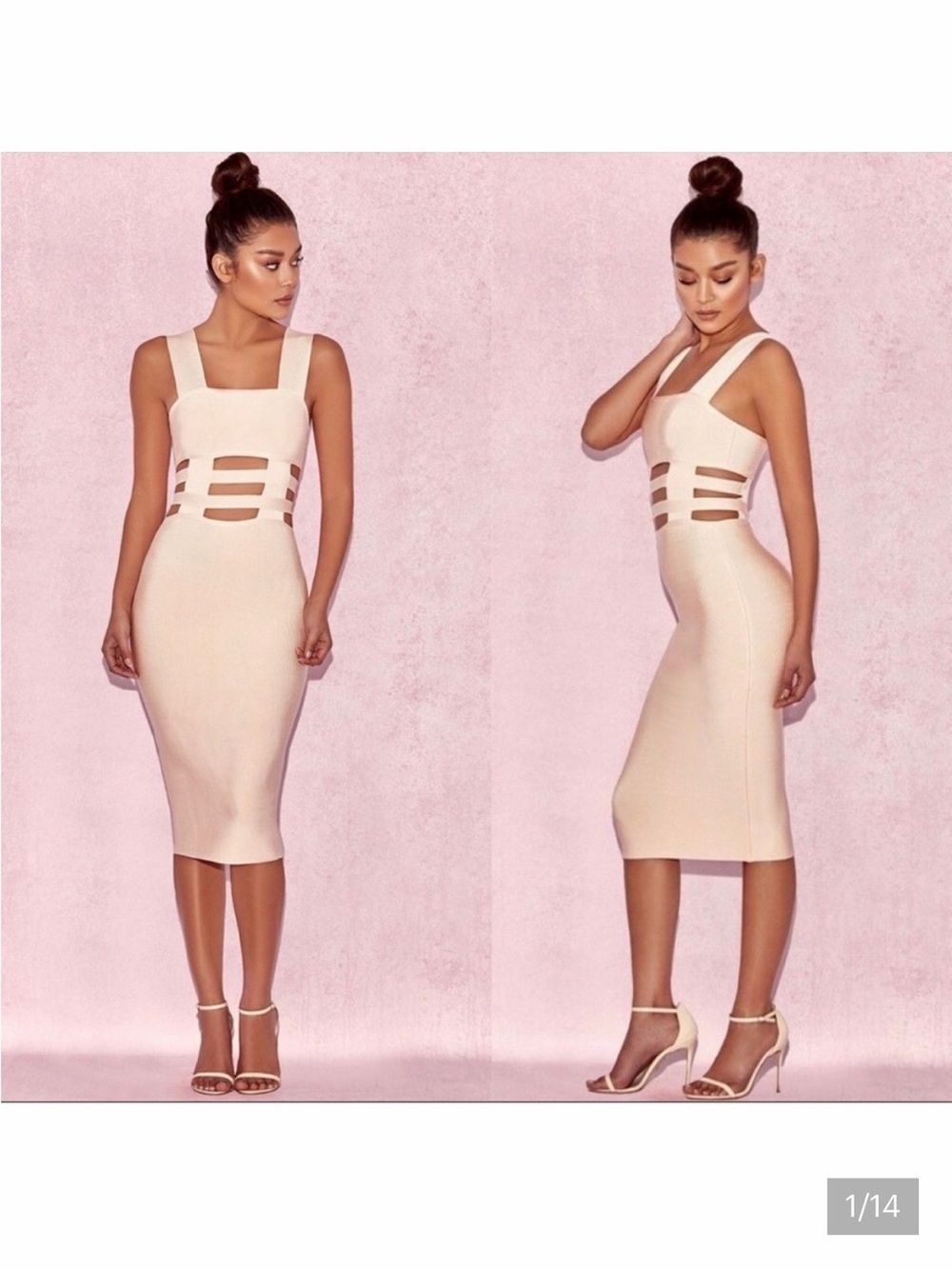 House of CB Beige Cutout Midi Bodycon Dress
